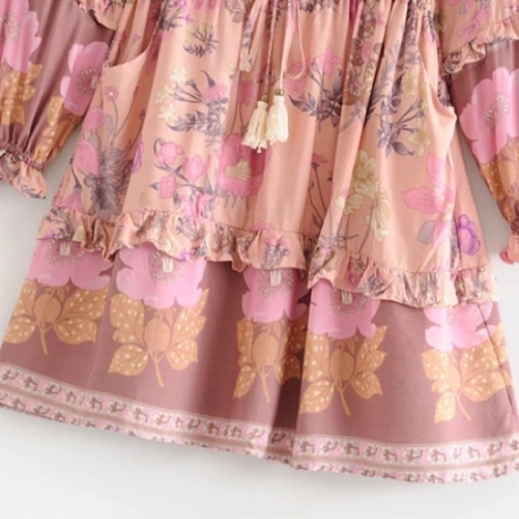 SOLD OUT Boho Gypsy Floral Long Sleeve Ruffle Mini Dress - Picture 7 of 9